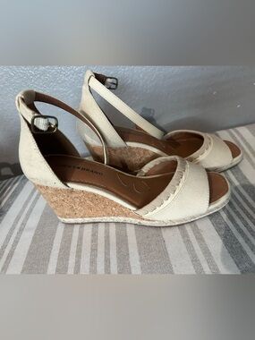 Lucky Brand Cream Canvas Cork Wedge Sandals